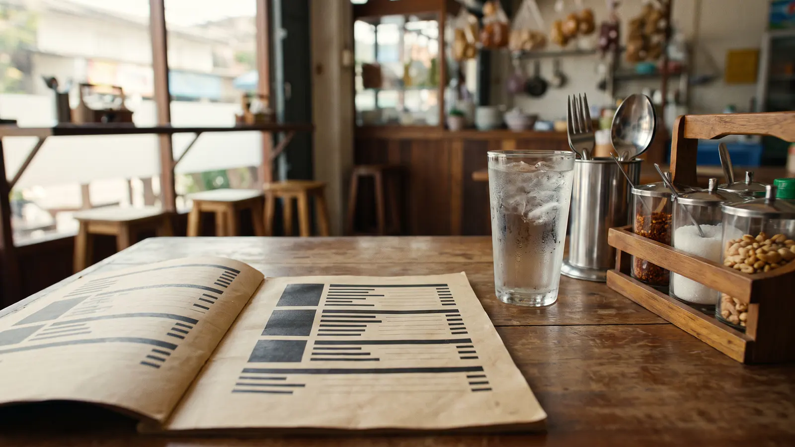 An open menu lying on a worn wooden table in an open-fronted Thai restaurant, beside a glass of iced water, a steel stand holding a fork and spoon, and a caddy of condiment jars