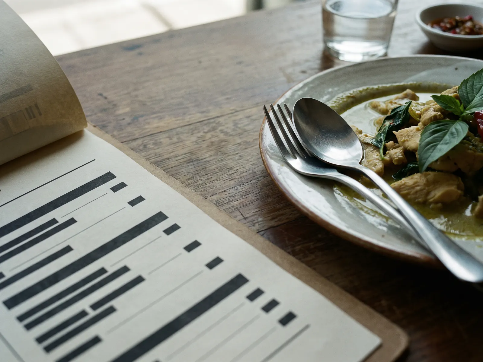 The edge of a menu on a timber table beside a plate of green curry with Thai basil, a fork and spoon resting on the plate rim, and a water glass and a dish of chilli condiment behind