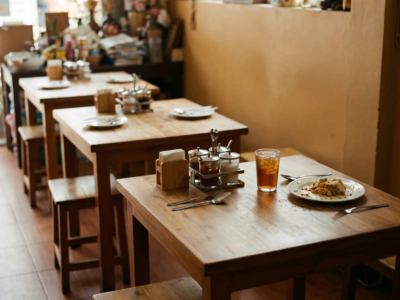 The inside of a simple Thai restaurant with timber tables, each holding a condiment caddy, a glass of iced tea and a half-eaten plate in the foreground, and a cluttered counter at the back