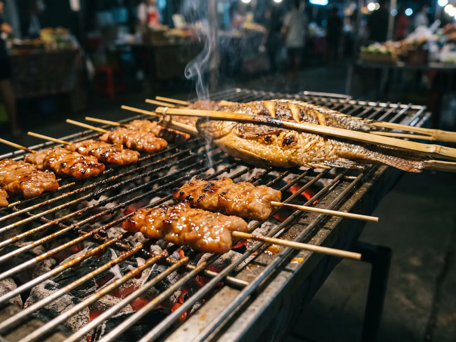 A charcoal grill with skewers of pork lying over glowing coals and a whole fish held in a bamboo clamp beside them