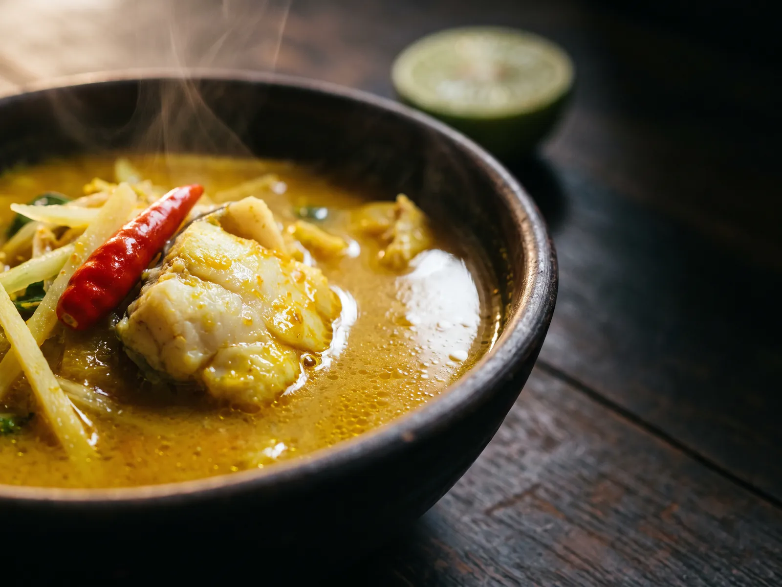 A close view of a turmeric-yellow sour curry in a dark stoneware bowl, with white fish, pale slivers of vegetable, a whole red chilli and steam rising from the surface