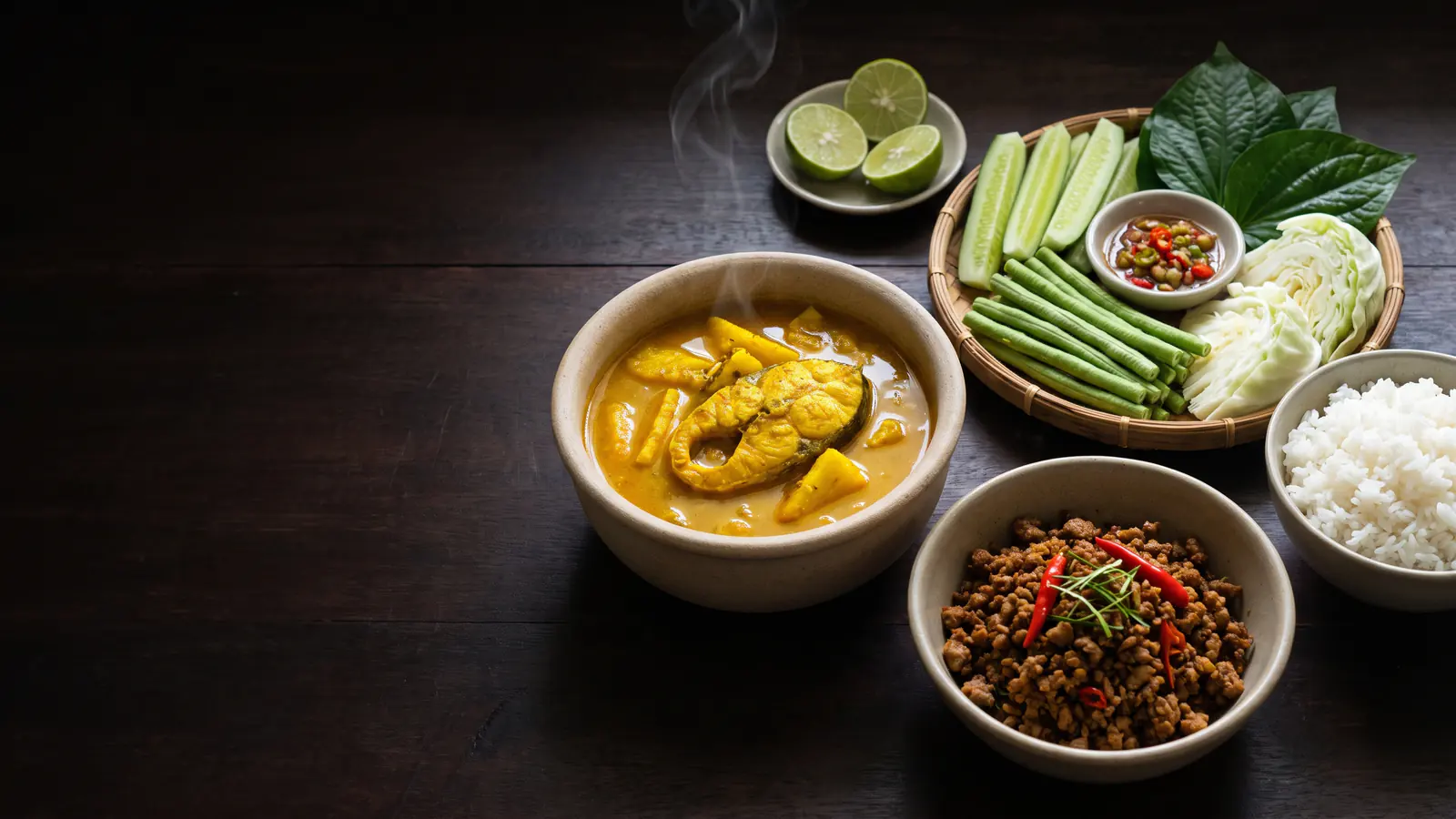 A dark teak table set with a turmeric-yellow fish and pineapple curry, a dry red minced-pork curry, steamed rice, and a woven tray of raw cucumber, long beans, cabbage and leaves beside a chilli relish and limes