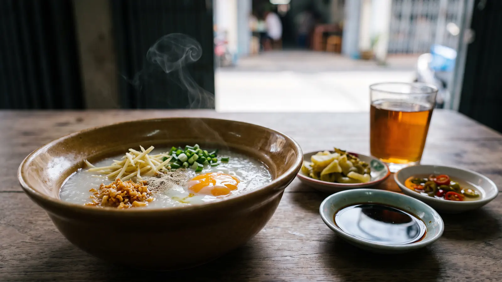 A wide bowl of rice congee on a timber table in early-morning light, topped with a soft egg, slivers of ginger, spring onion and fried garlic, with small side saucers and a glass of tea beside it