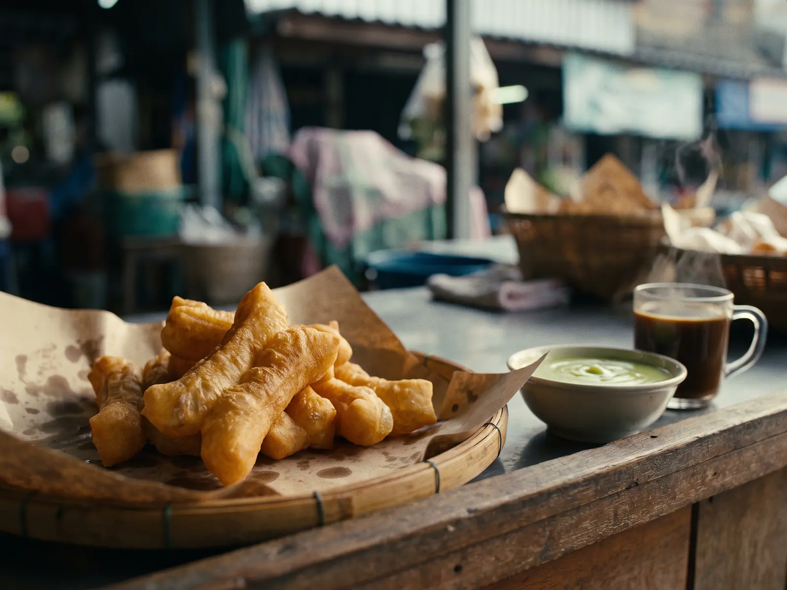 Golden paired fried dough sticks standing in a paper-lined basket, with a small bowl of pale green pandan custard for dipping and a glass of coffee beside them