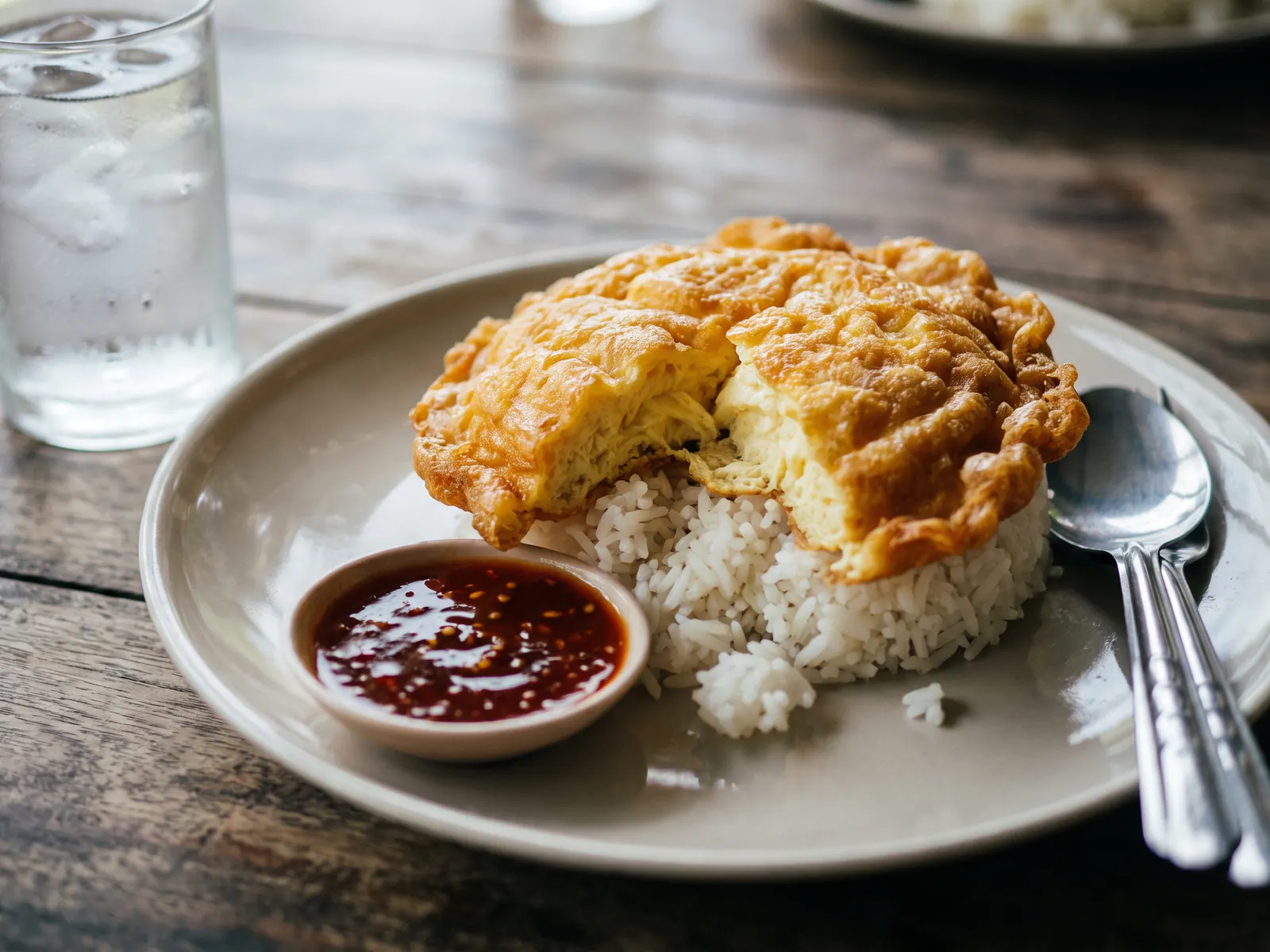 A plate of rice topped with a puffed, crisp-edged deep-fried omelette cut open to show its soft layers, with a small dish of chilli sauce, a fork and a spoon