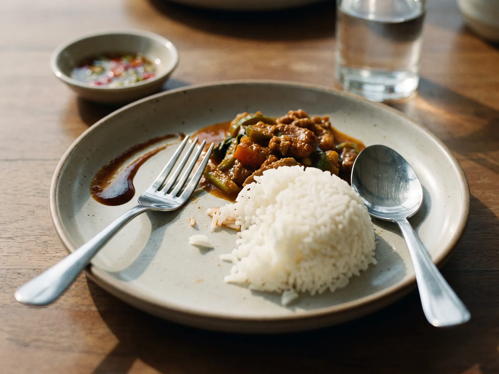 A close view of a single Thai place setting: a shallow plate of rice with curry spooned onto one side, a fork resting on the left and a spoon on the right, with no knife