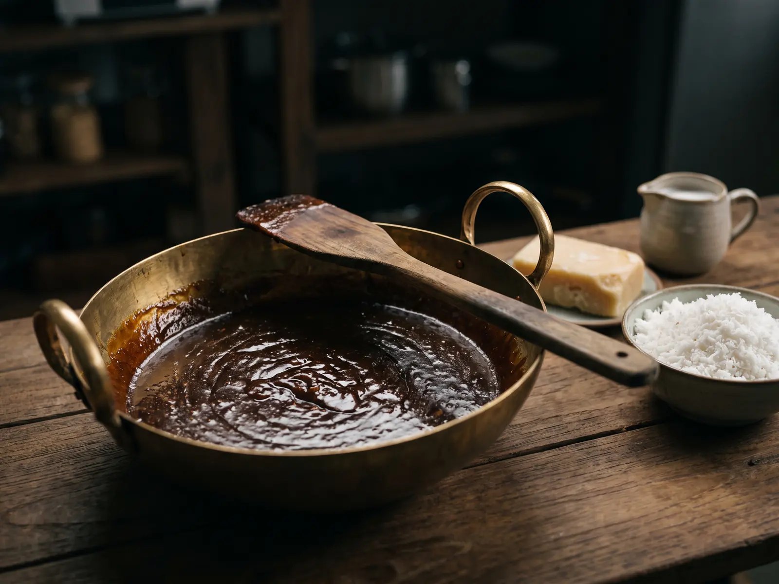 A brass wok of dark coconut and palm sugar toffee part-cooked, a wooden paddle laid across the rim, with a heap of grated coconut and a block of palm sugar alongside