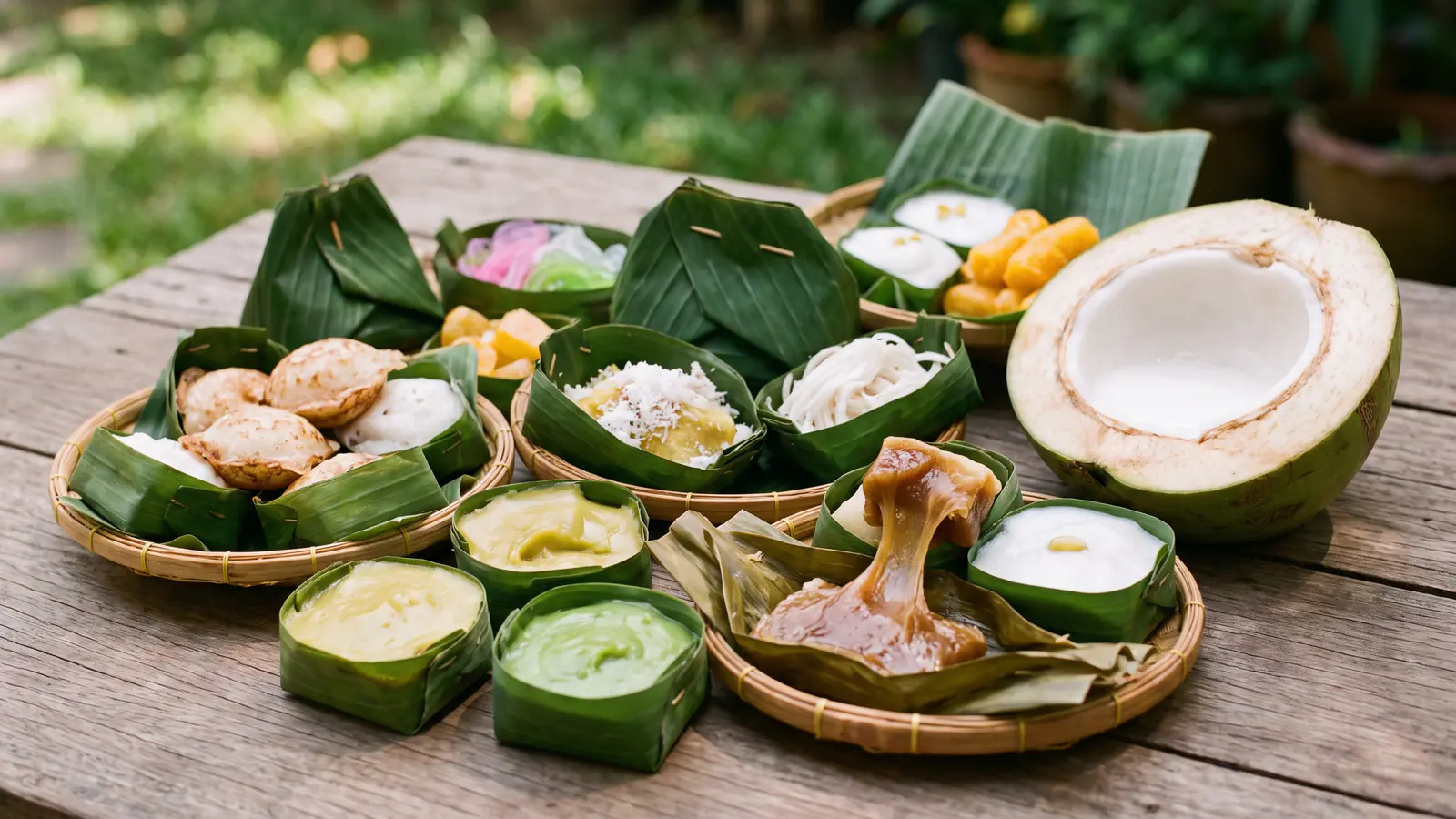 Traditional Thai coconut sweets laid on banana leaf in dappled daylight: dark coconut and palm sugar toffee in leaf wrappers, white coconut custard cups, green pandan jellies and a halved young coconut